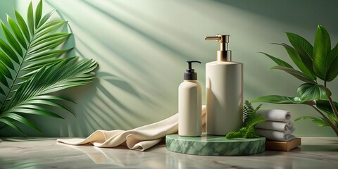 Earthy Tone Conditioner Bottle Flat Lay with Floating 3D Elements & Soft Shadows