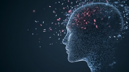 Obraz premium Futuristic digital human head with glowing particles on dark background
