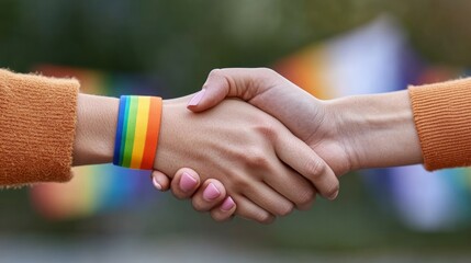 Celebrating unity handshake between friends lgbtq+ event outdoor setting colorful background close-up perspective
