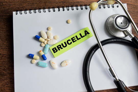 Concept of Brucella write on sticky notes isolated on Wooden Table.