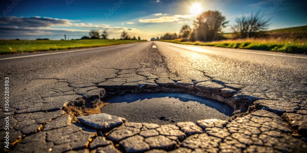 Poster a sunlit country road with a large pothole in the foreground, showing extensive cracking in the asph