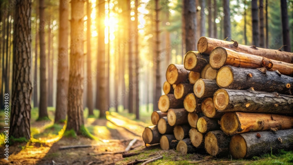 Poster golden hour lumber stack in a sun-dappled forest