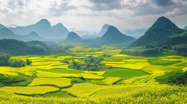A breathtaking view of a vast rapeseed flower field in full bloom at Luoping County, Yunnan, China
