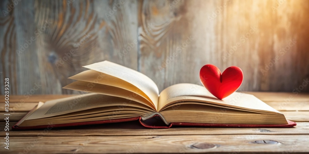 Poster a red heart rests gently atop an open book, symbolizing the love of reading and literature on a rust