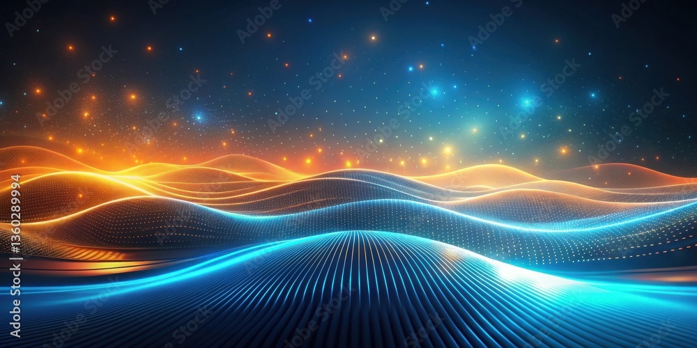 Aufkleber Abstract Digital Landscape of Illuminated Waves and Glowing Particles