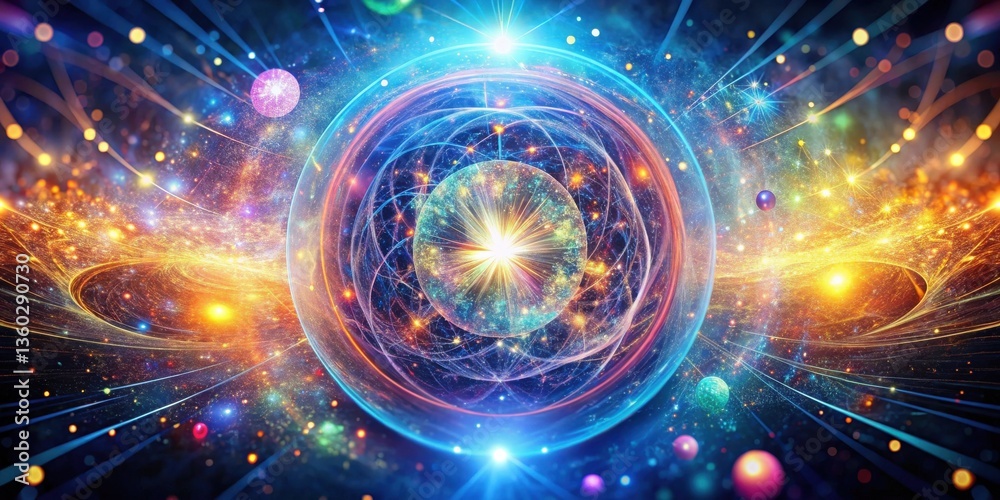 Poster vibrant cosmic orb a celestial sphere of interconnected energy and light within a vast, sparkling ne