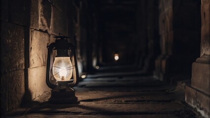 Obraz premium A lantern illuminates a dark, stone corridor, creating an atmosphere of mystery and suspense. The warm glow of the lantern contrasts with the shadows, guiding the viewer's eye down the passage