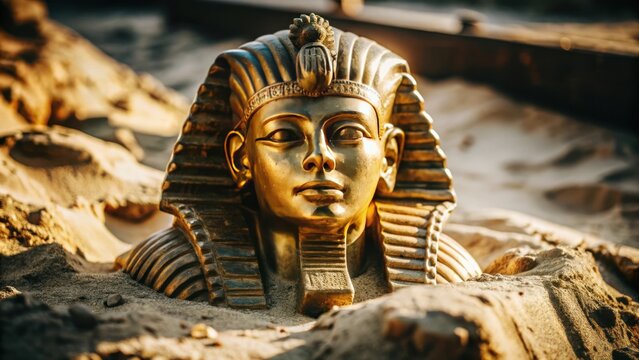 a golden sculpture of pharaoh immersed in sand, evoking ancient history and mystery