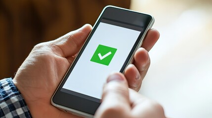 A secure mobile payment screen displaying a green checkmark, confirming a successful transaction.