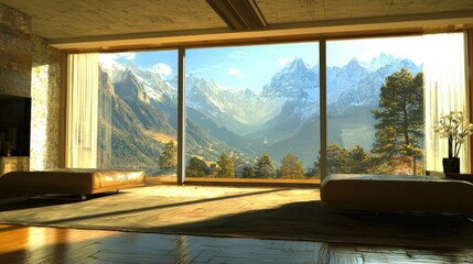 A serene indoor setting with a plush sofa, large glass windows, and a stunning view of distant mountains.