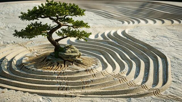 Zengarten mit Baum und Wellenmuster