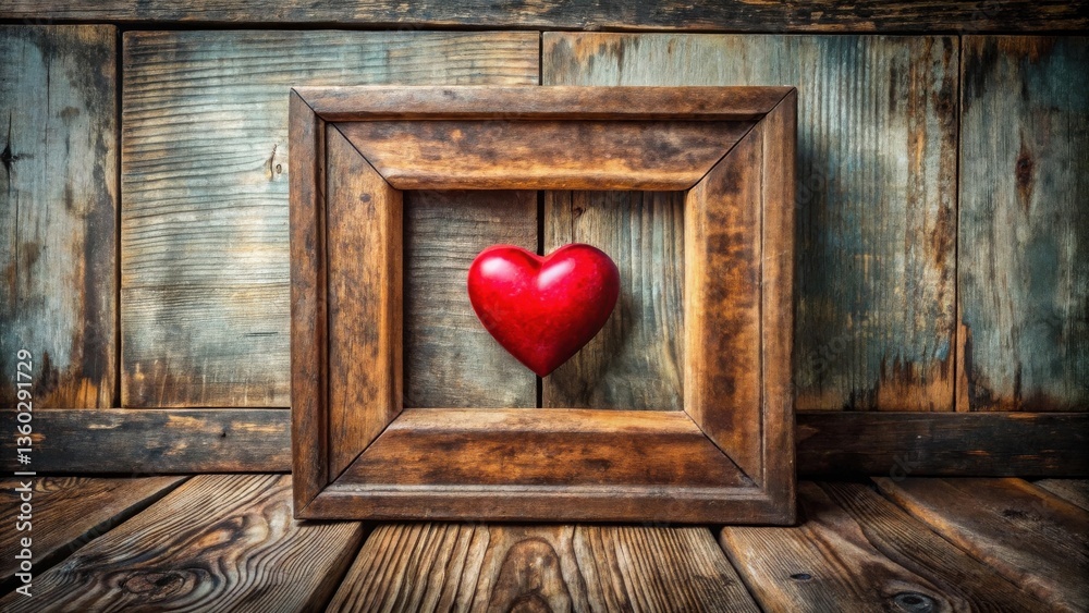 Poster rustic wooden frame enclosing a vibrant red heart on weathered wood background