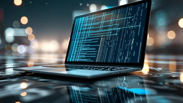 Laptop mit ge&ouml;ffnetem Code in Gro&szlig;stadt