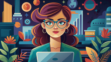Busy young elegant woman in eyeglasses looking at laptop display