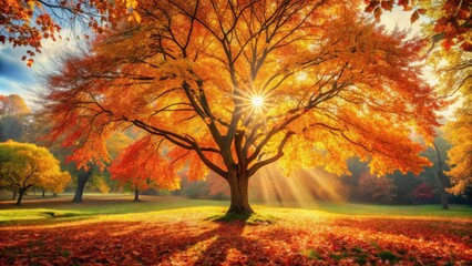 Fototapeta premium Autumnal splendor a majestic tree bathed in golden sunlight, surrounded by a carpet of fallen leaves in a picturesque park