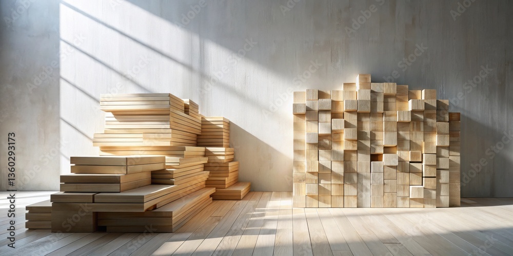 Aufkleber sunlight illuminates stacked wooden blocks and a cube wall in a minimalist room