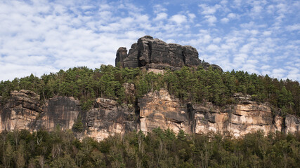 Fototapeta premium Rock wall formation in Elbe Sandstone Mountains, Elbsansteingebirge, Saxon Bohemian Switzerland in Germany and Czech Republic. 