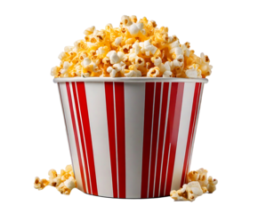 Bucket of popcorn isolated on transparent background and on white background with buttered popcorn in a red container ready for movie time