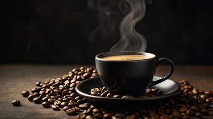 Obraz premium Black cup with hot coffee, rising steam, and scattered coffee beans. Atmospheric contrast. 