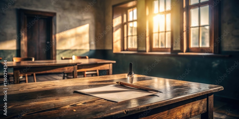 Poster sunlight streams into an old classroom, illuminating a wooden desk with a pen and paper, ready for w