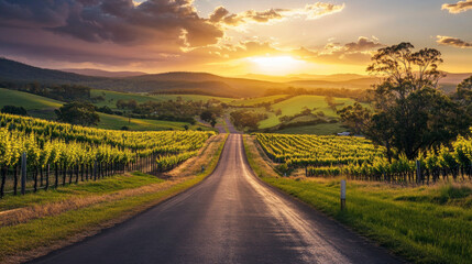 Naklejka premium A long, straight road stretching through the picturesque winery region of Hunter Valley, Australia, illuminated by a stunning sunset over rolling hills