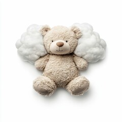 A cute teddy bear rests peacefully, enveloped by fluffy white clouds on a clean white background.
