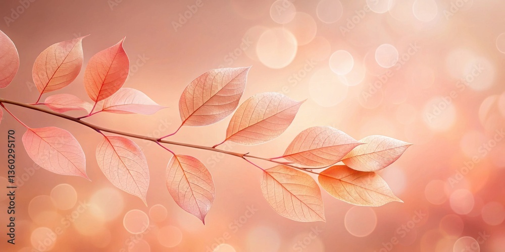 Poster Delicate Branch with Peach-Colored Autumn Leaves Against a Soft Bokeh Background