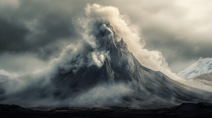 A towering volcano, its peak shrouded in smoke and ash, stands as a powerful reminder of the raw energy of the earth and the constant changes of the natural world