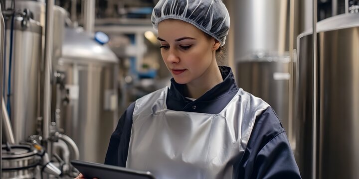 A focused worker in a food manufacturing facility using a tablet device