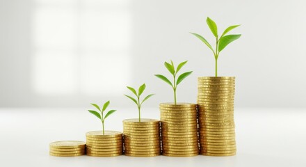 A stack of shiny gold coins with a vibrant green plant sprouting from the top symbolizing growth and prosperity