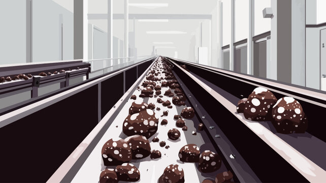 The image shows a long perspective view of two parallel conveyor belts in an industrial setting.  The belts are dark metallic color, and carry numerous irregularly shaped dark brown objects, some