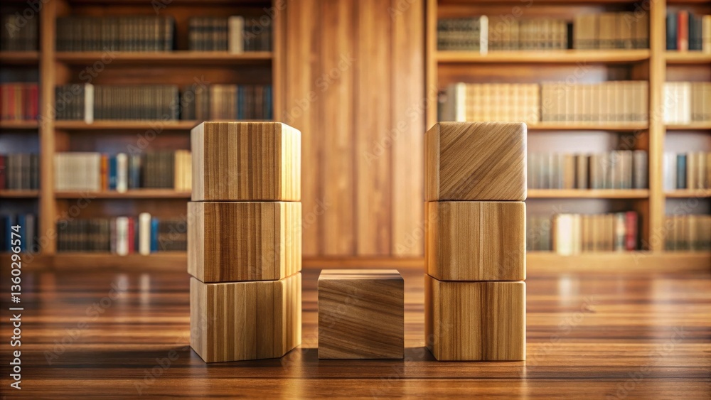 Poster Wooden blocks stacked in a library setting, symbolizing knowledge building and growth