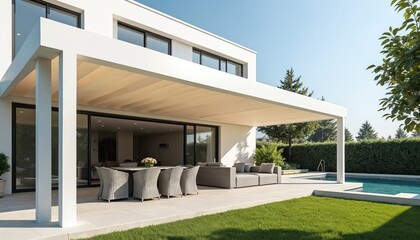 Fototapeta premium Modern bioclimatic veranda pergola project for white residential house. Terrace with pool, minimalist design, contemporary architecture. Luxury villa exterior, patio lifestyle, outdoor dining area.