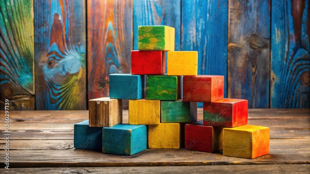 Aufkleber a colorful pyramid of rustic wooden blocks arranged on a weathered wooden surface against a vibrant 