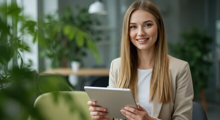 Fototapeta premium A professional woman with long straight hair holding a tablet and sitting in a modern bright office with green plants in the background