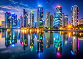 Fototapeta premium Night Skyline: Illuminated Skyscrapers Reflecting in Serene River