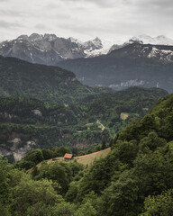 Small alpine hut on green hillside with forest and snowy mountain peaks