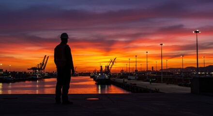 Silhouette of harbor worker overlooking vibrant sunset at industrial port