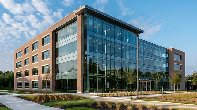A modern administrative building with a polished glass exterior, complemented by traditional brick and stone elements that provide a classic look