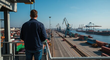 Fototapeta premium Man observing bustling industrial port with shipping cranes and containers