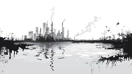 Obraz premium The image is a monochrome (black and white) landscape-oriented photograph or digital artwork depicting a cityscape reflected in a body of water. The city skyline is rendered in varying shades of