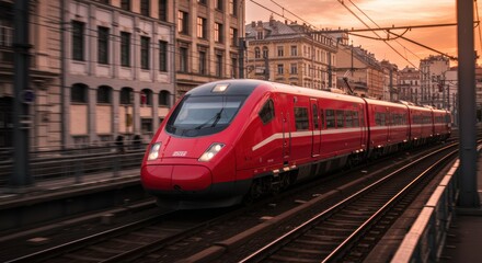 Obraz premium Modern red train speeding through urban cityscape at sunset