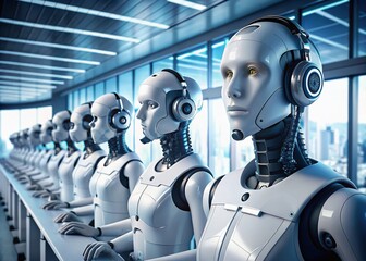 Panoramic View: AI Robot Customer Service Agents in a Modern Call Center