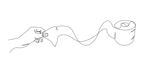 Continuous one line drawing of hands pulling toilet paper from a roll. Minimalist and modern illustration concept for hygiene, bathroom essentials, or daily routine. vector Editable stroke