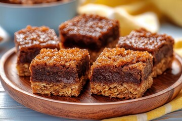 Brown sugar vegan oatmeal breakfast. Delicious chocolate treats on a wooden plate ready to enjoy.