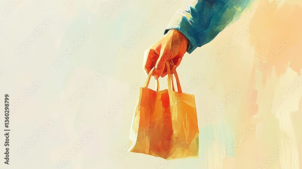 Poster Hand extending a grocery bag in an artistic illustration with soft colors and smooth digital brushwork Generative AI