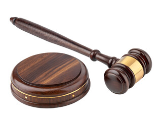 Wooden gavel and law books on a white background