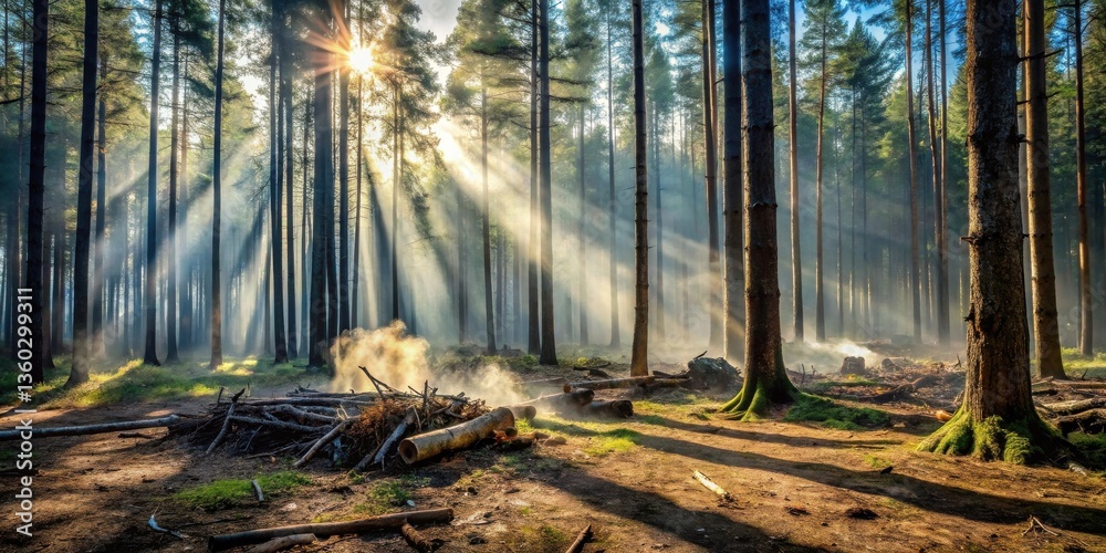 Poster Sunbeams filtering through a misty forest, illuminating a pile of wood and creating a magical, serene atmosphere
