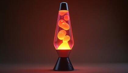 Classic retro lava lamp with orange blobs floating. Clear liquid in glass bottle on dark background. Decorative object glowing creating warm relaxing atmosphere.
