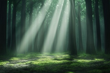 Obraz premium A forest path covered with soft moss, the sun's rays break through the treetops. Light fog creates a mystical atmosphere. Silence, harmony with nature. 